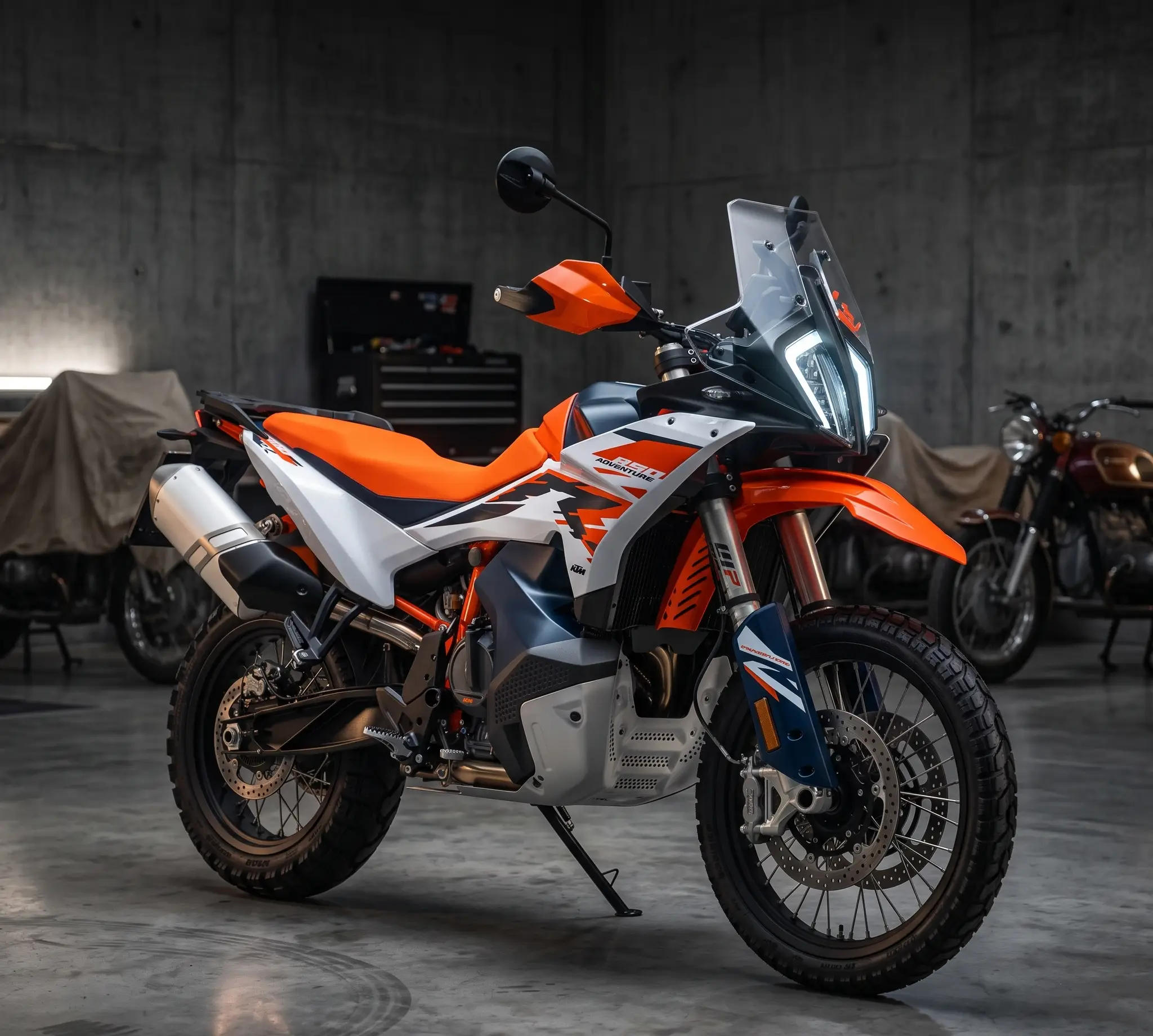 KTM 890 Adventure R. Высокое переднее крыло и монолитное сиденье напоминает типичный внедорожный мотоцикл от KTM KTM 890 Adventure R