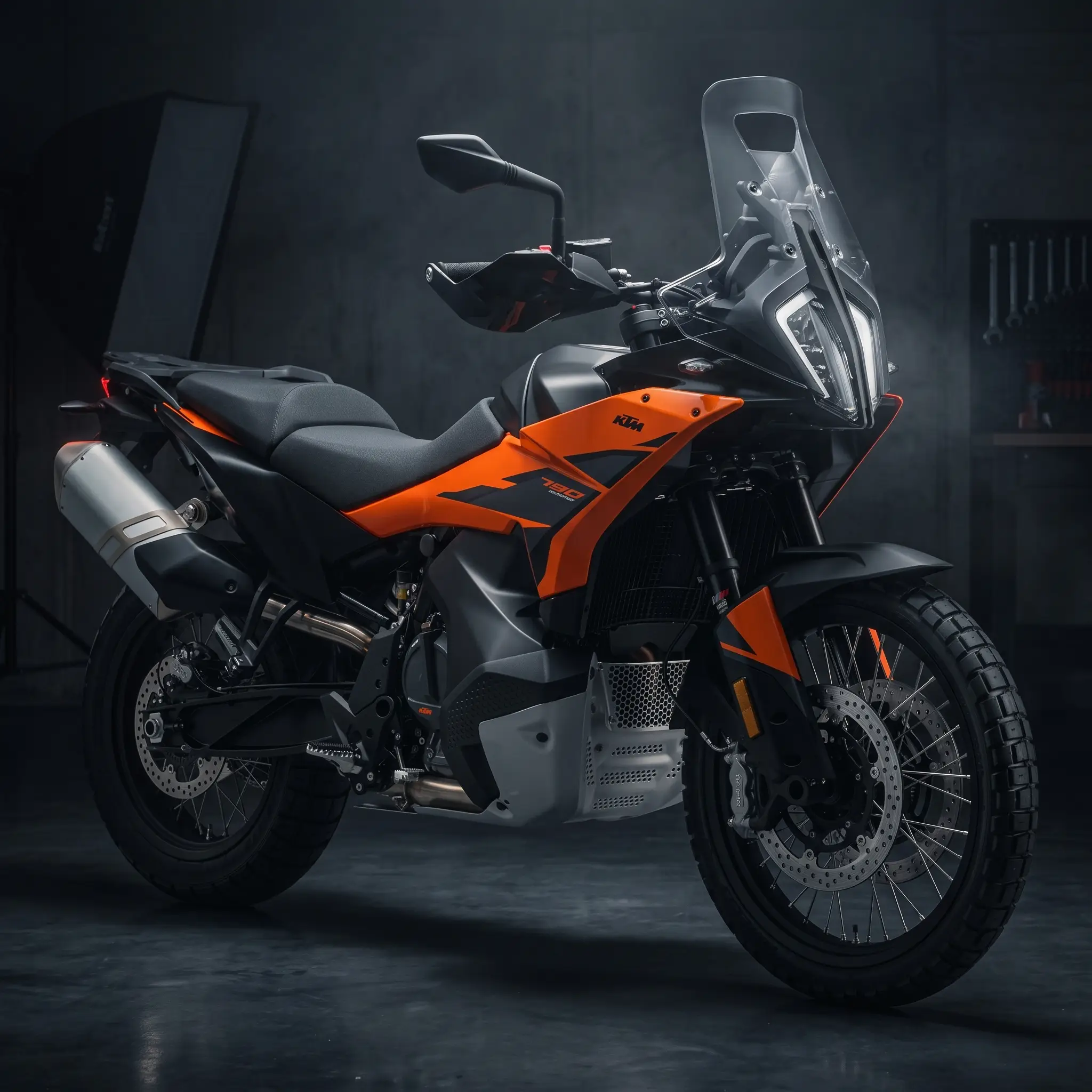 KTM 790 Adventure. Можно наблюдать низкое крыло, высокое ветровое стекло, низкое сиденье из двух частей и перья передней подвески черного цвета. KTM 790 Adventure