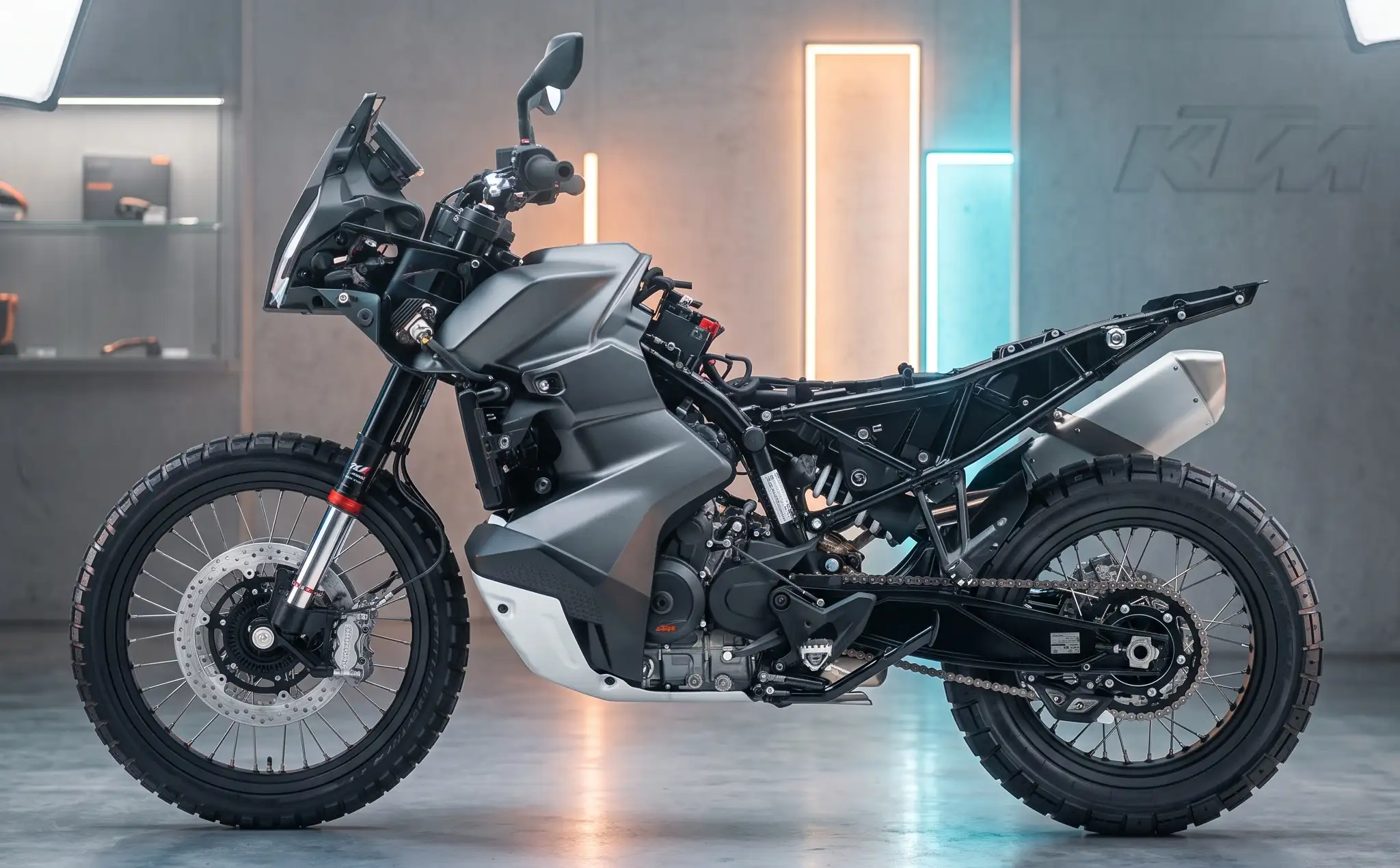 KTM 790 Adventure без пластика. Можно наблюдать топливный бак, опускающийся в самый низ KTM 790 Adventure без пластика